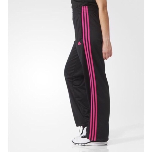 black adidas pants with pink stripes